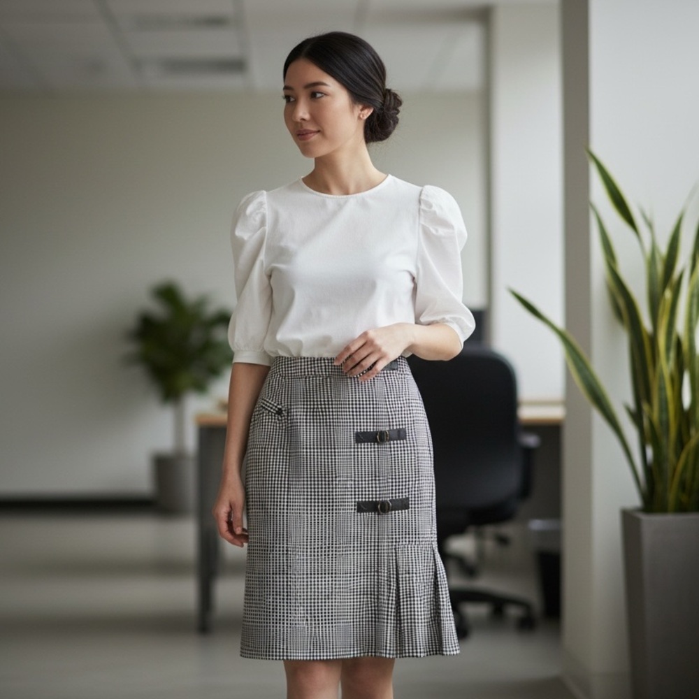 Bianca Nygard B&W Houndstooth Plaid Pencil Skirt Flounce Hem Office Chic Size 4